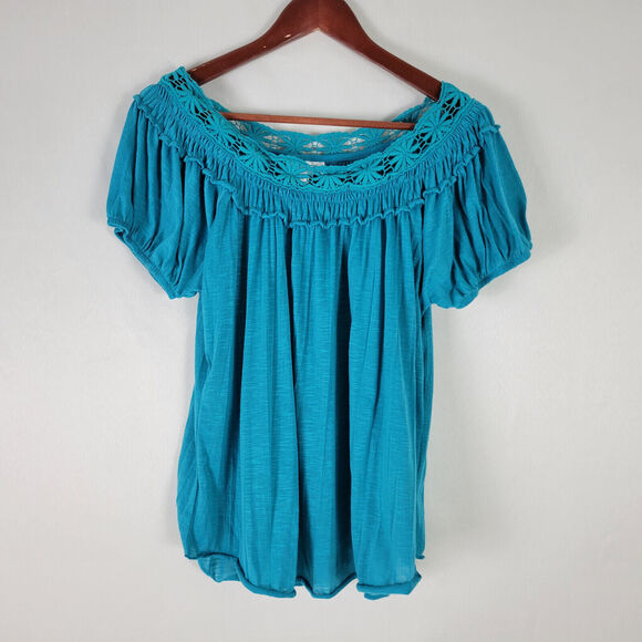 Allison Brittney Shirt Womens Large Top Blue Short Sleeve‎ Lace Trim Boat Neck - Picture 1 of 8